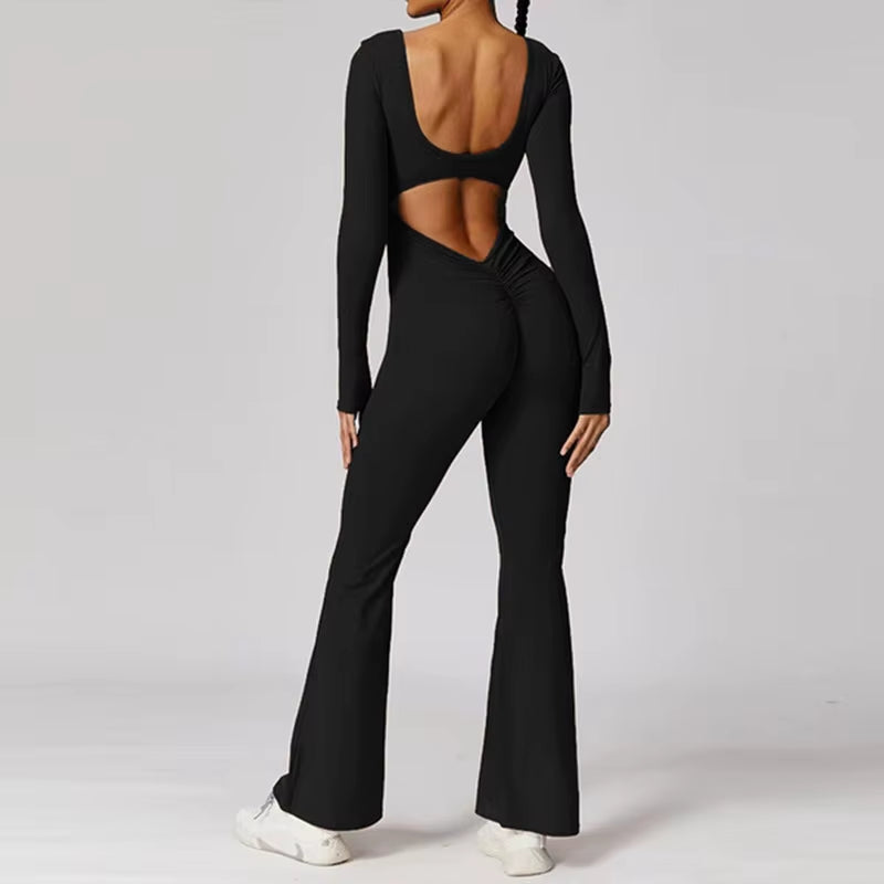New Solid-Color Slimming and Hip-Lifting Jumpsuits, Long-Sleeved Backless Yoga Wear for Women'S Spring and Autumn