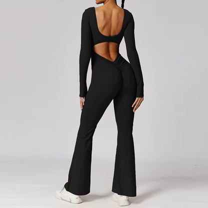 New Solid-Color Slimming and Hip-Lifting Jumpsuits, Long-Sleeved Backless Yoga Wear for Women'S Spring and Autumn