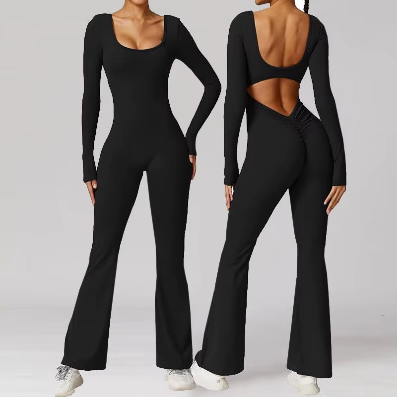 New Solid-Color Slimming and Hip-Lifting Jumpsuits, Long-Sleeved Backless Yoga Wear for Women'S Spring and Autumn