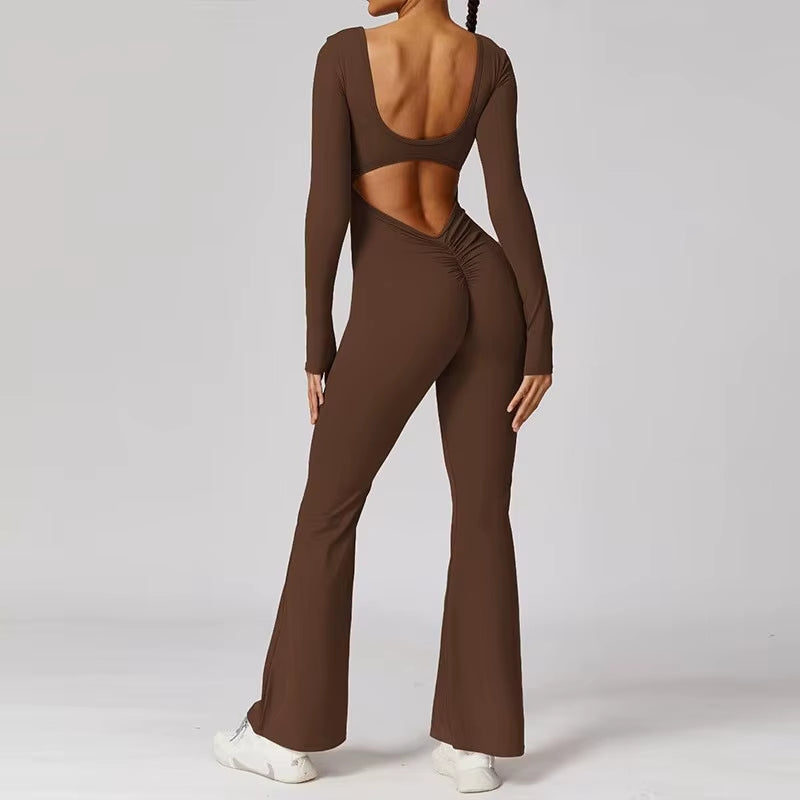 New Solid-Color Slimming and Hip-Lifting Jumpsuits, Long-Sleeved Backless Yoga Wear for Women'S Spring and Autumn